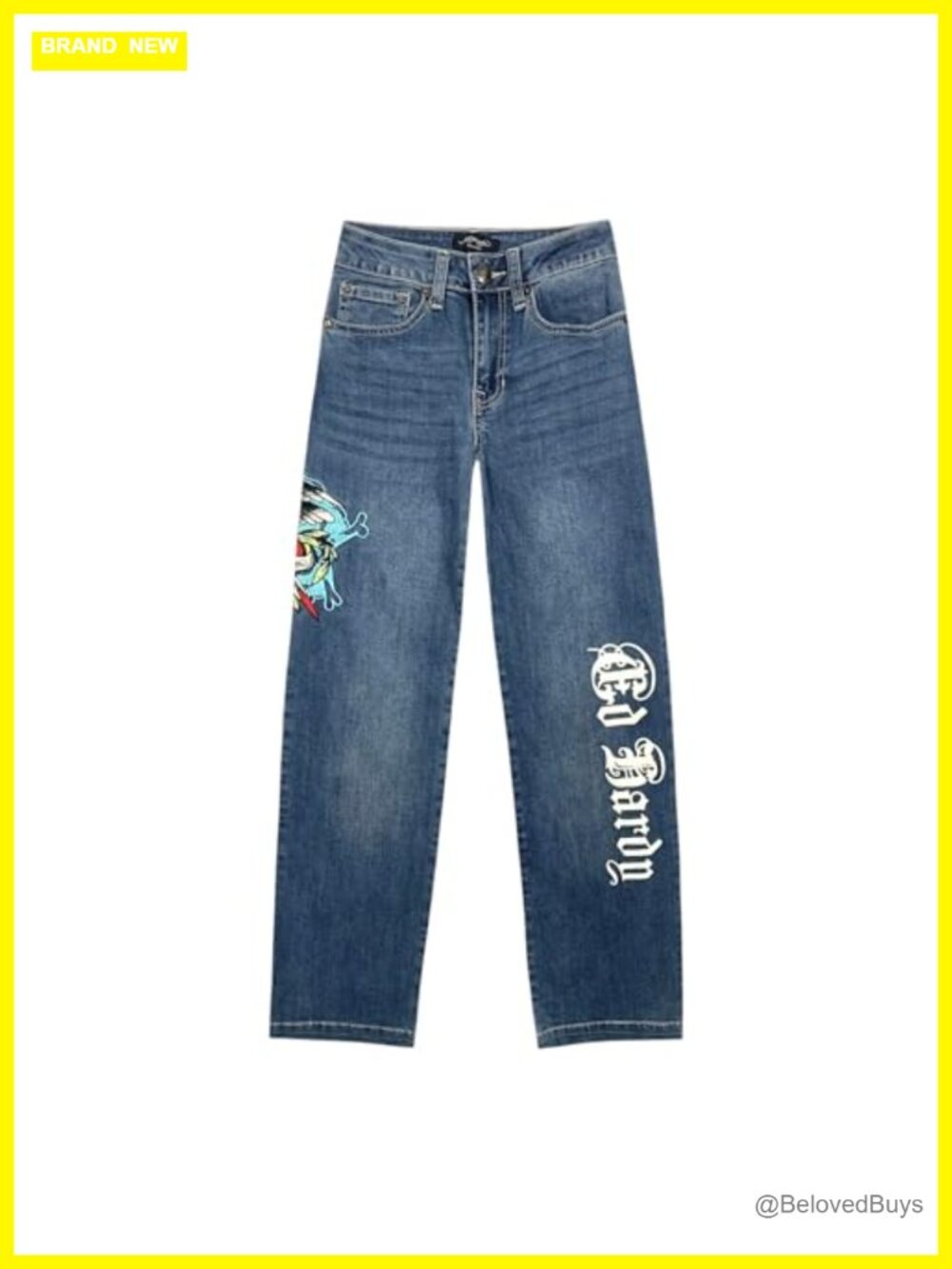 Wide Leg Jeans Embroidered Screen Print Logo 5 Pocket Button Zip Fly